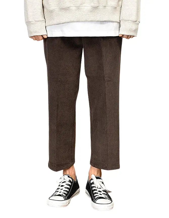 Corduroy Wide Trousers Mens Formal Casual Cropped Pants Korean Guys Kpop Style Waistband