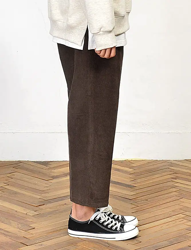 Corduroy Wide Trousers Mens Formal Casual Cropped Pants Korean Guys Kpop Style Waistband