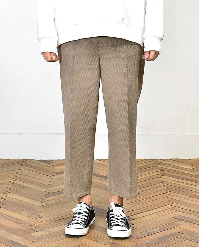 Corduroy Wide Trousers Mens Formal Casual Cropped Pants Korean Guys Kpop Style Waistband