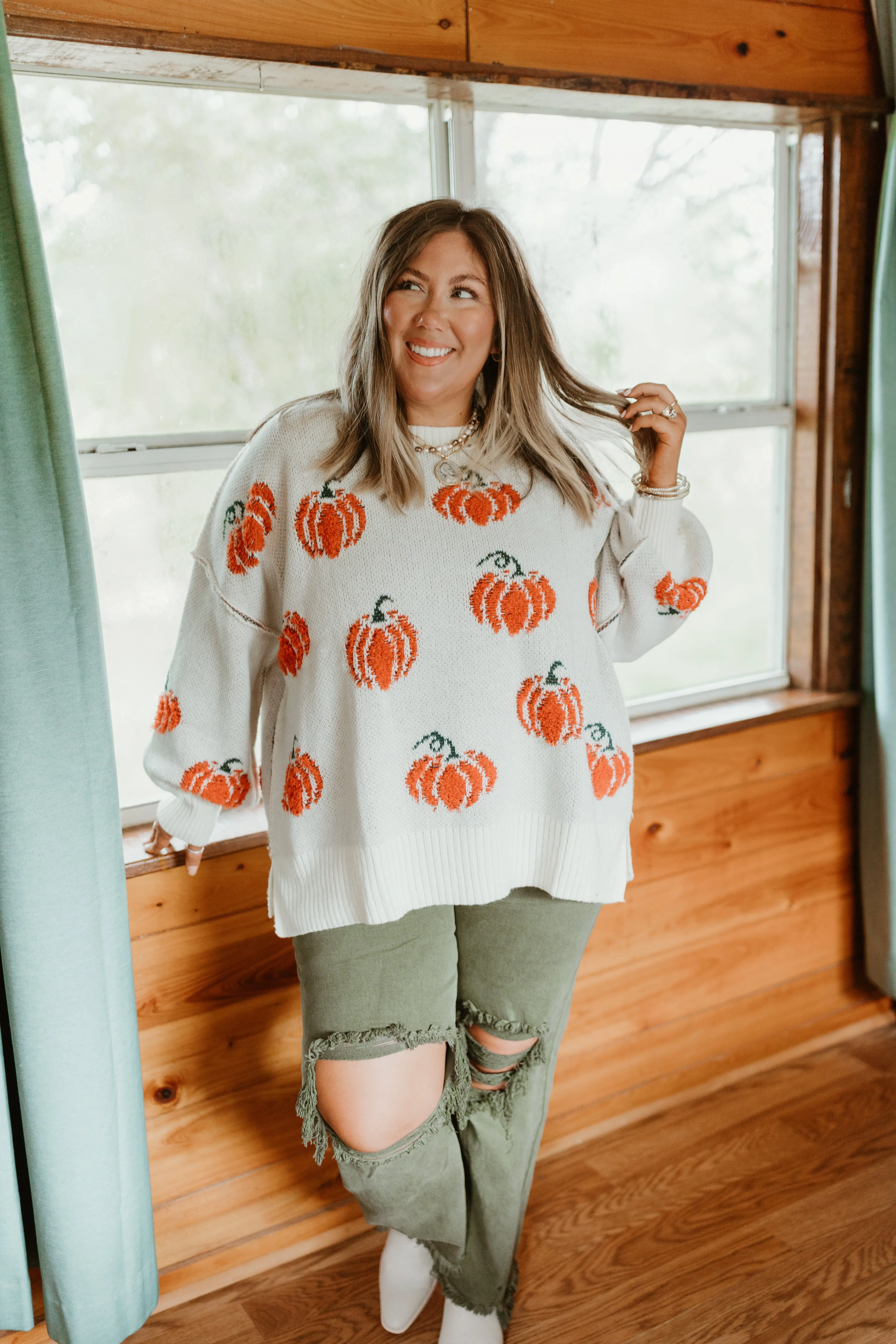 Cream and Orange Pumpkins All Over Sweater