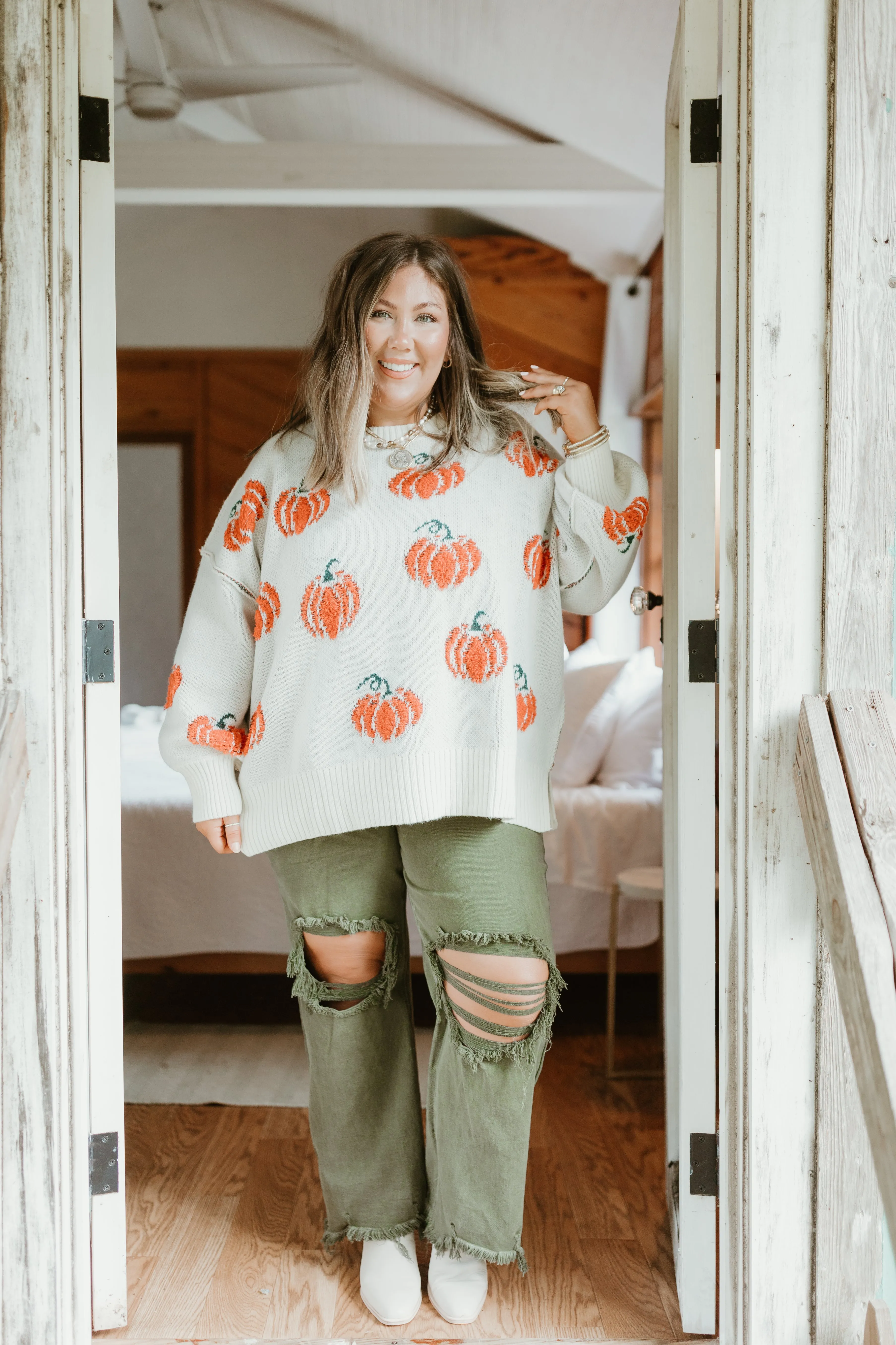 Cream and Orange Pumpkins All Over Sweater