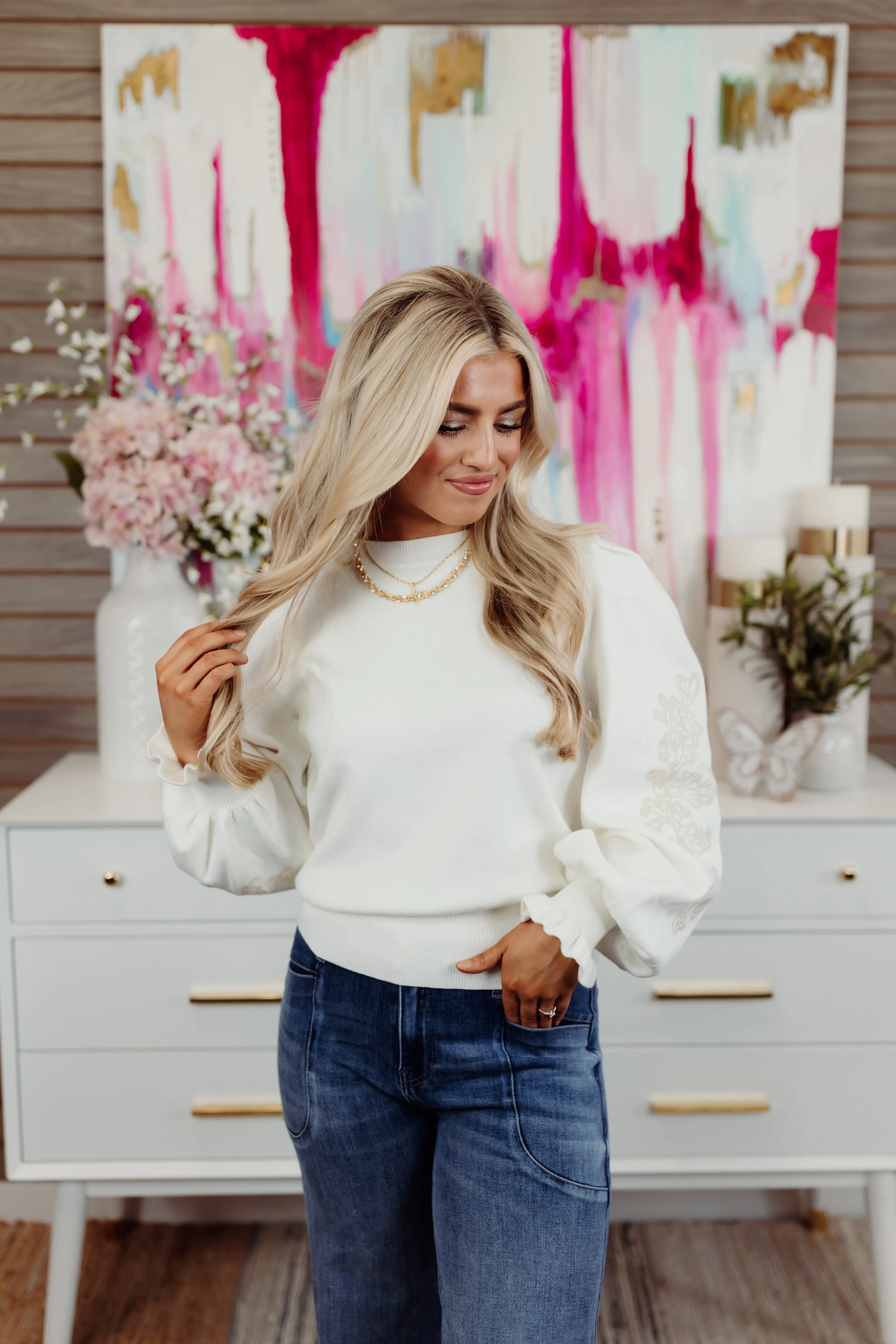 Cream Embroidered Frill Cuff Sleeve Sweater