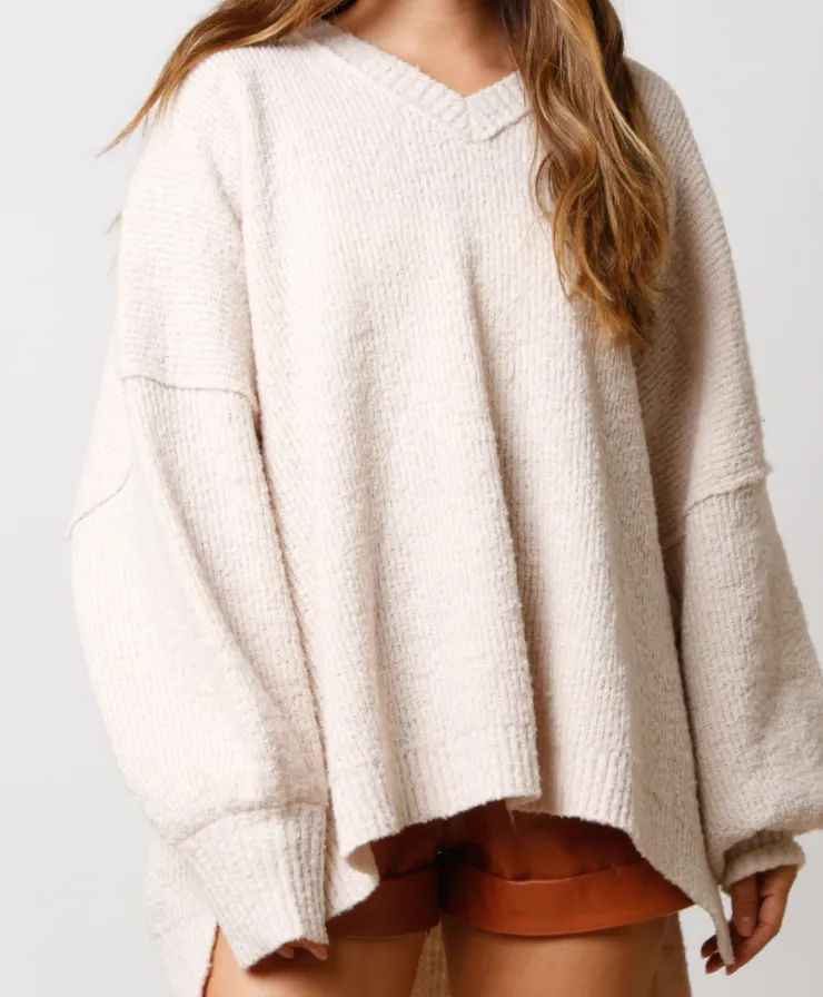 Cream V-Neck Oversized Balloon Sleeve Sweater