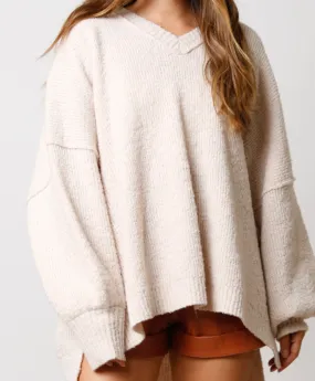 Cream V-Neck Oversized Balloon Sleeve Sweater