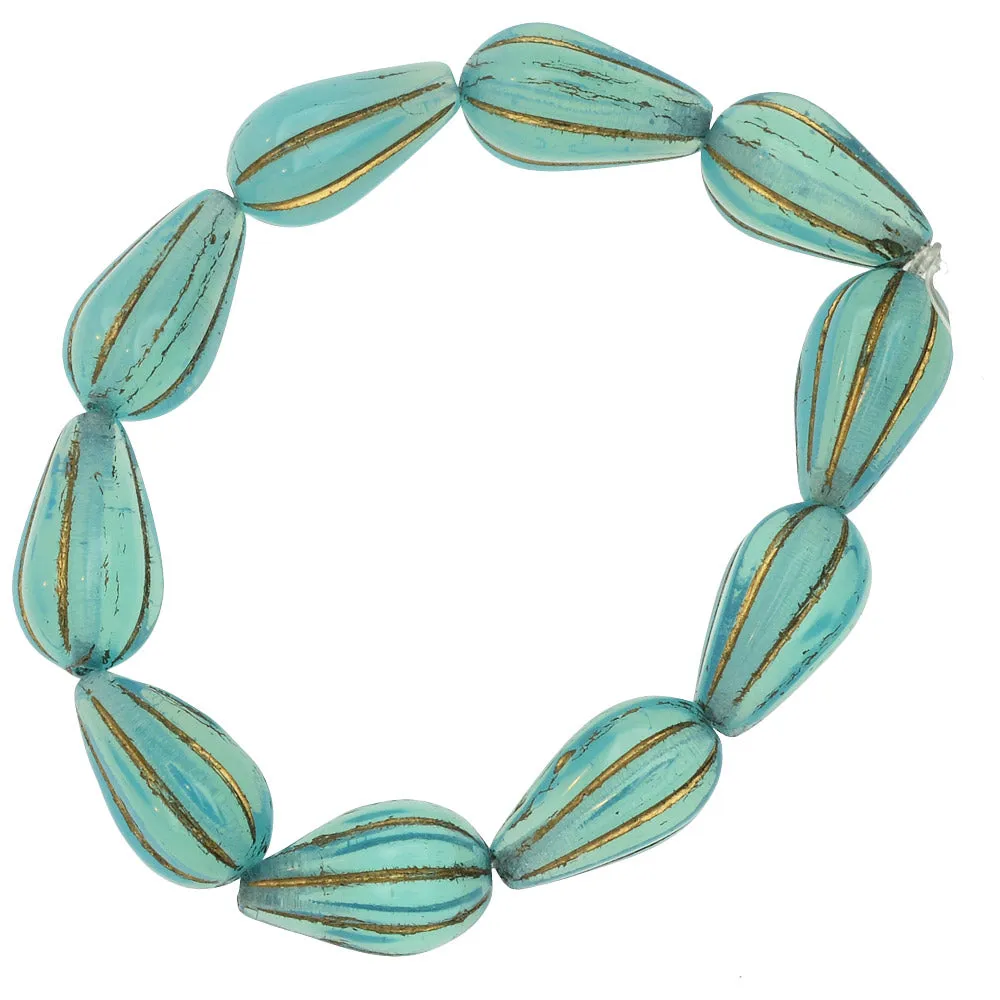 Czech Glass Beads, Melon Drop 13x8mm, Aqua Blue Opaline with Gold Wash, by Raven's Journey (1 Strand)