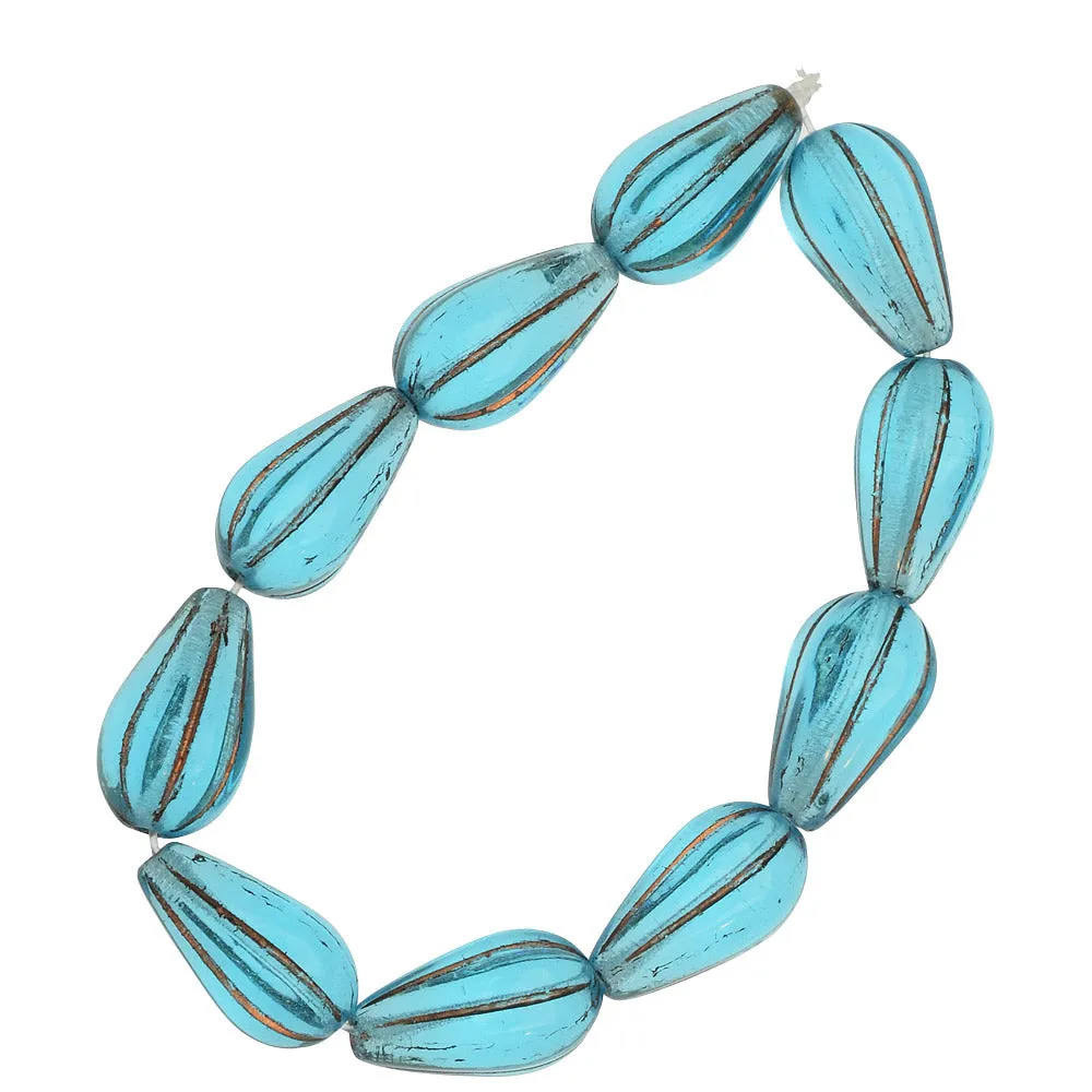 Czech Glass Beads, Melon Drop 13x8mm, Aqua Blue Transparent with Dark Bronze Wash, by Raven's Journey (1 Strand)