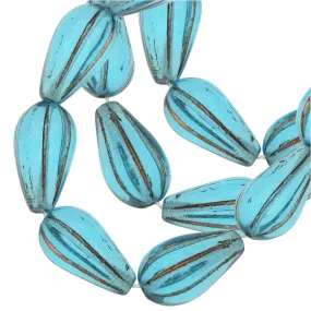 Czech Glass Beads, Melon Drop 13x8mm, Aqua Blue Transparent with Dark Bronze Wash, by Raven's Journey (1 Strand)