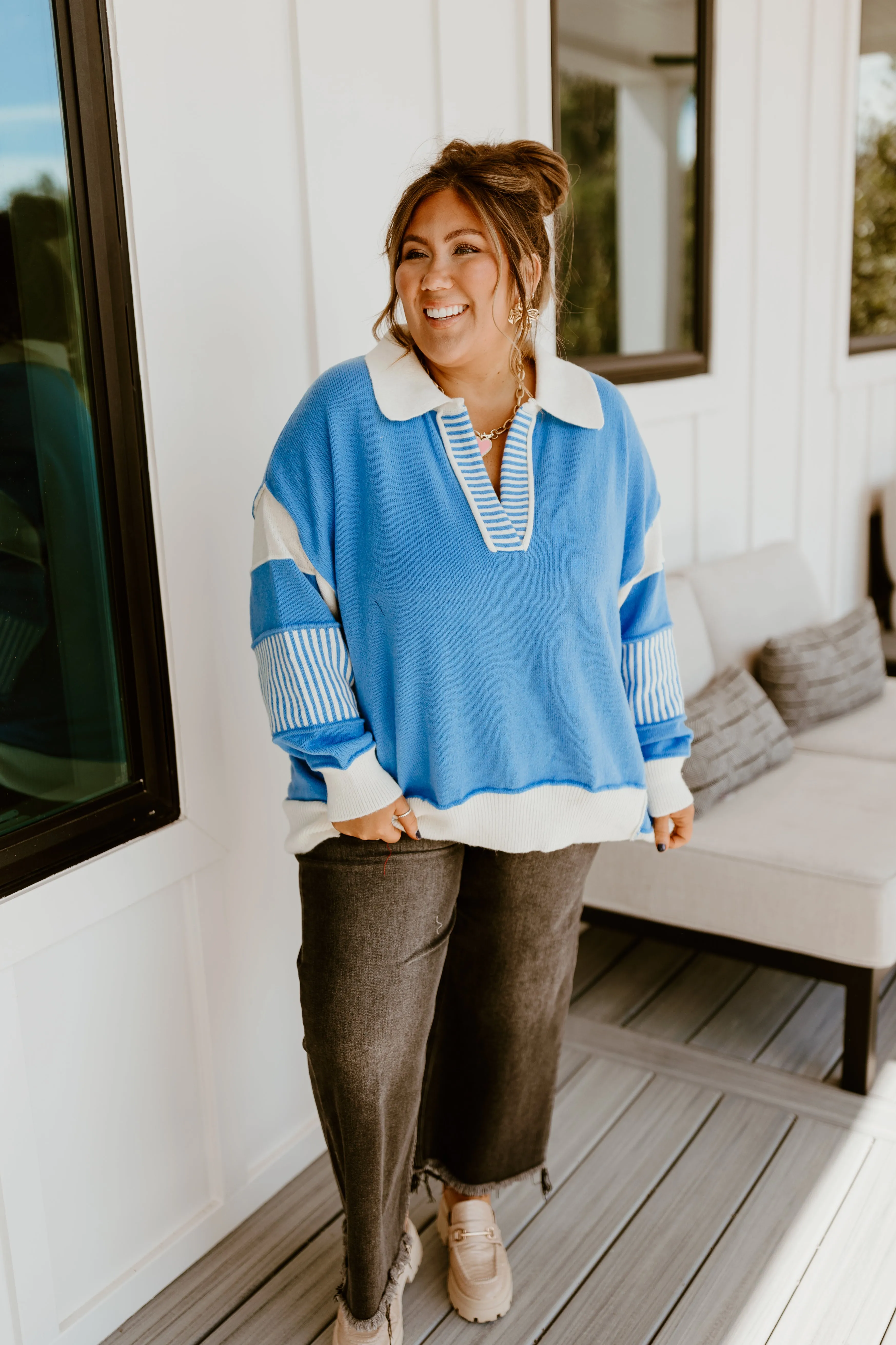 Dark Blue and Ivory Colorblock Notch Neck Oversized Sweater