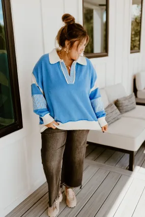 Dark Blue and Ivory Colorblock Notch Neck Oversized Sweater