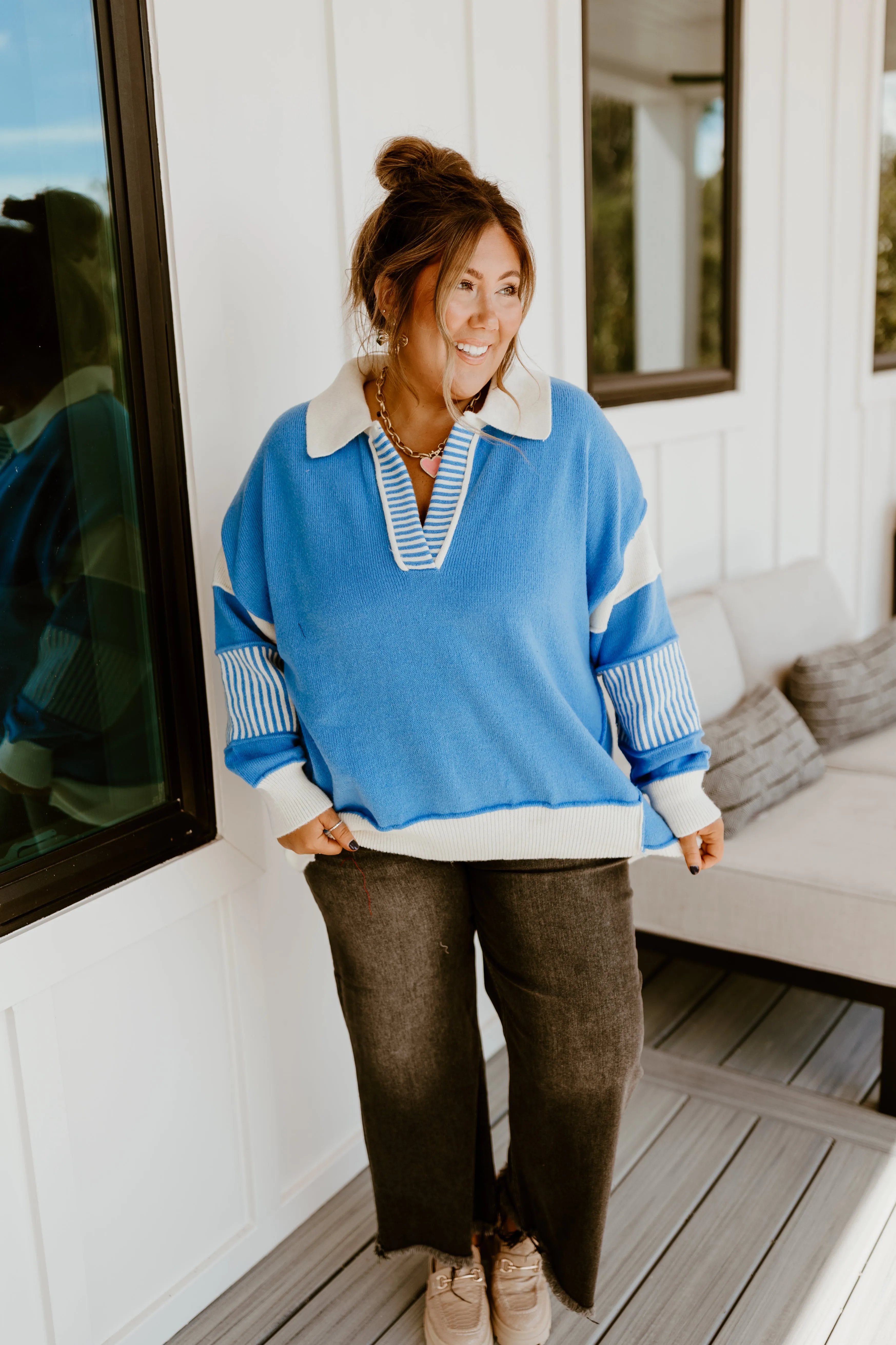 Dark Blue and Ivory Colorblock Notch Neck Oversized Sweater