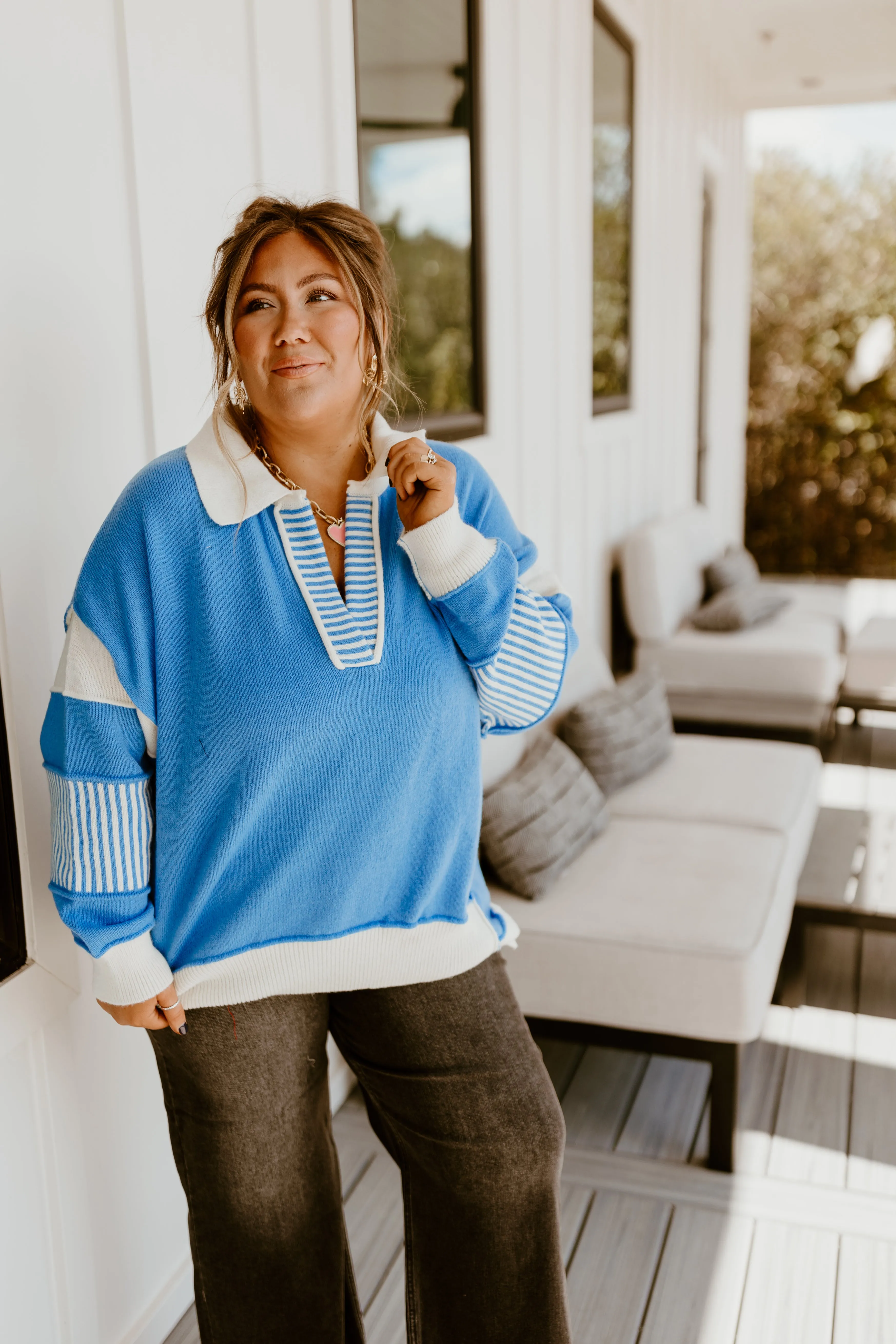 Dark Blue and Ivory Colorblock Notch Neck Oversized Sweater