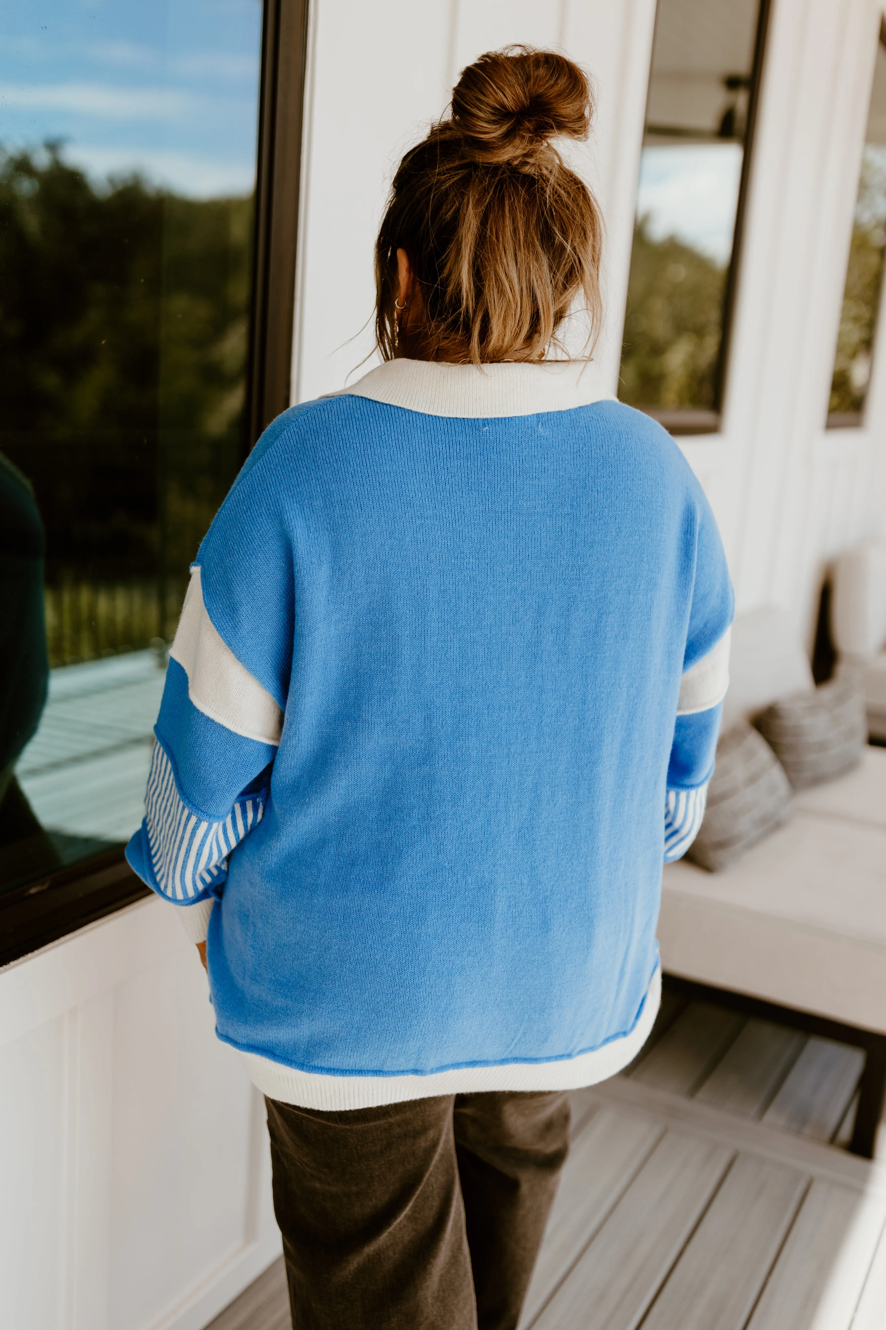 Dark Blue and Ivory Colorblock Notch Neck Oversized Sweater