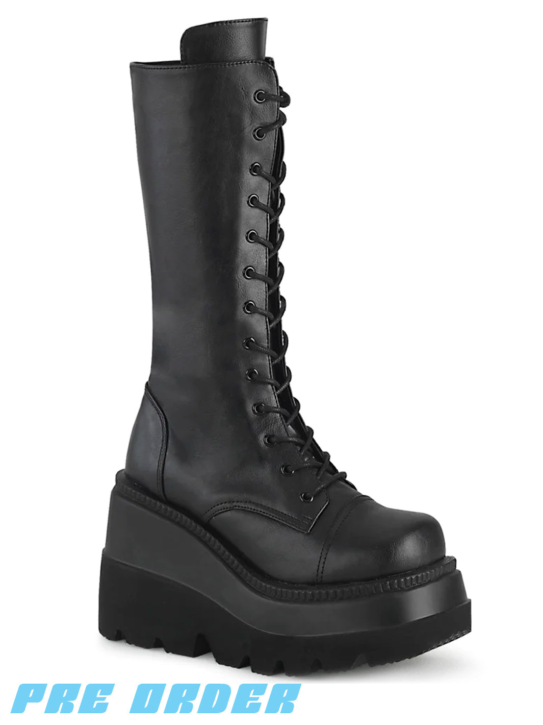 DEMONIA SHAKER-72 BOOTS - BLACK VEGAN LEATHER  PRE ORDER 