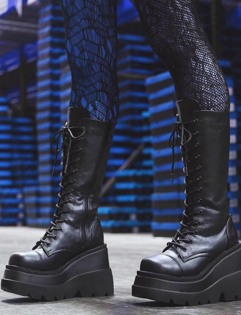 DEMONIA SHAKER-72 BOOTS - BLACK VEGAN LEATHER  PRE ORDER 