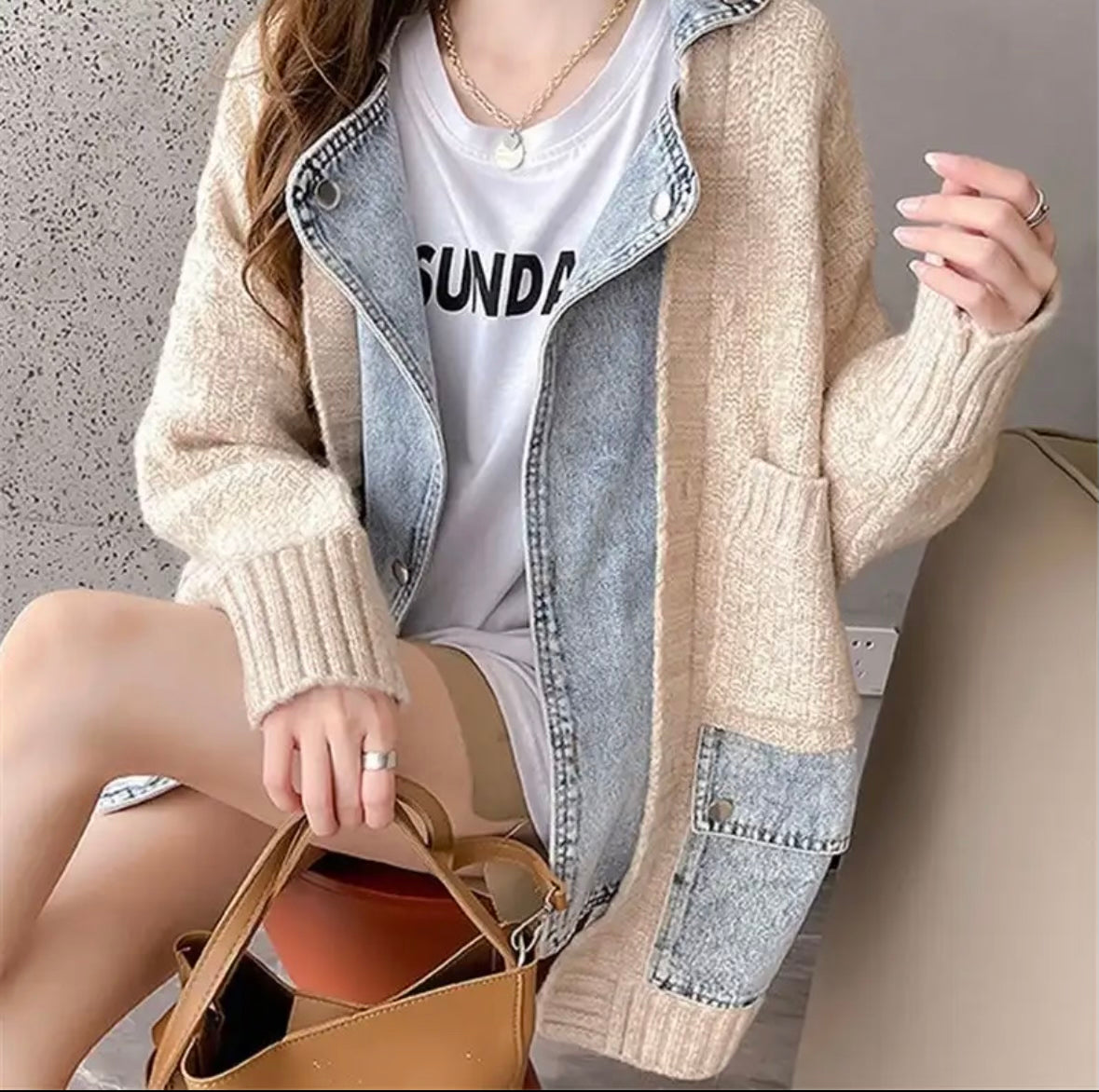 Denim Pocket  Sweater Beige