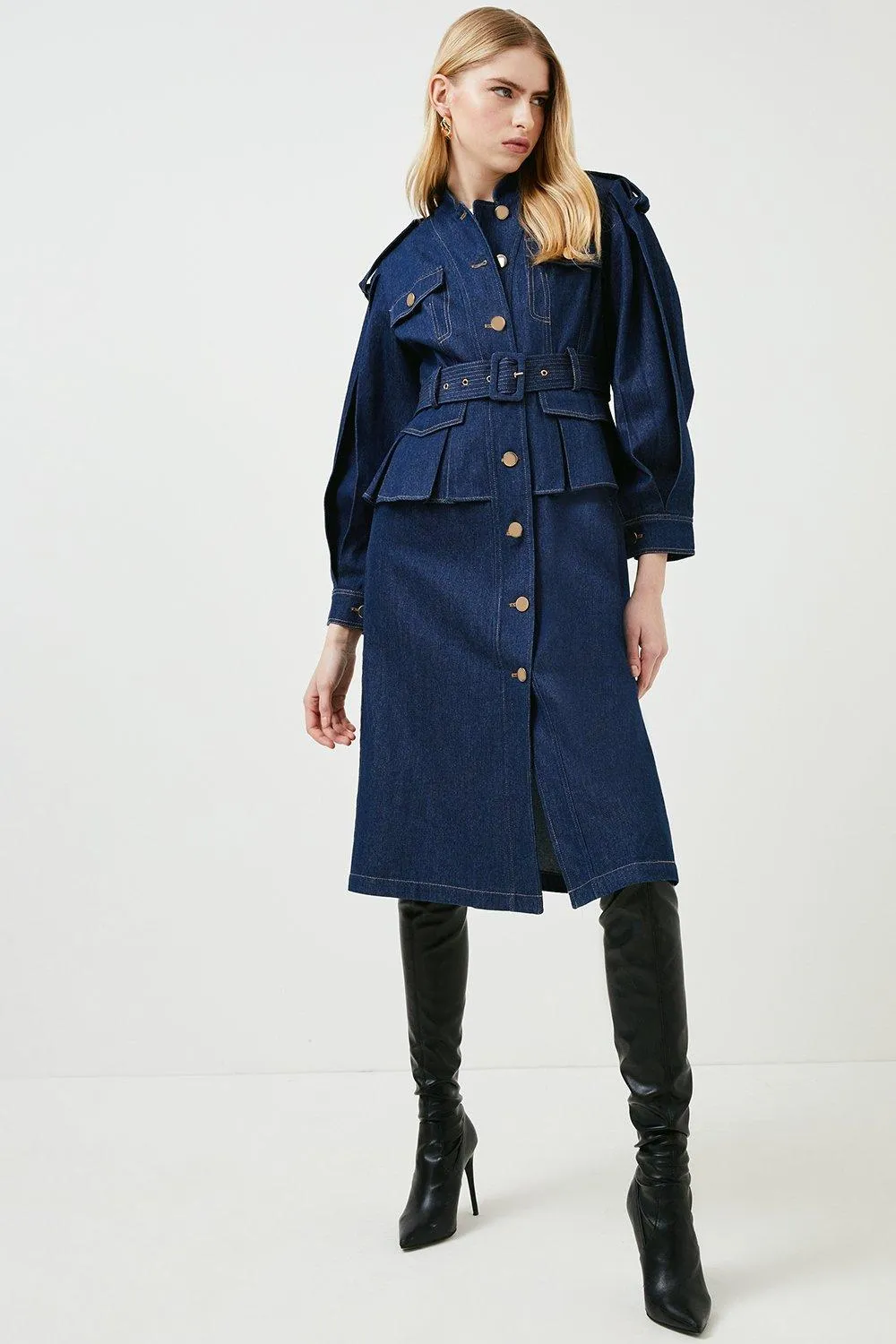 Denim Utility Volume Sleeve Trench Coat | Karen Millen