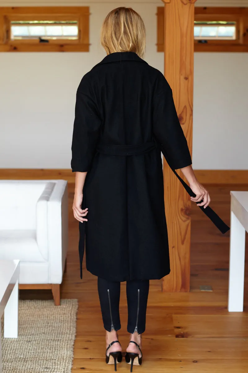 Drop Shoulder Coat - Black Wool