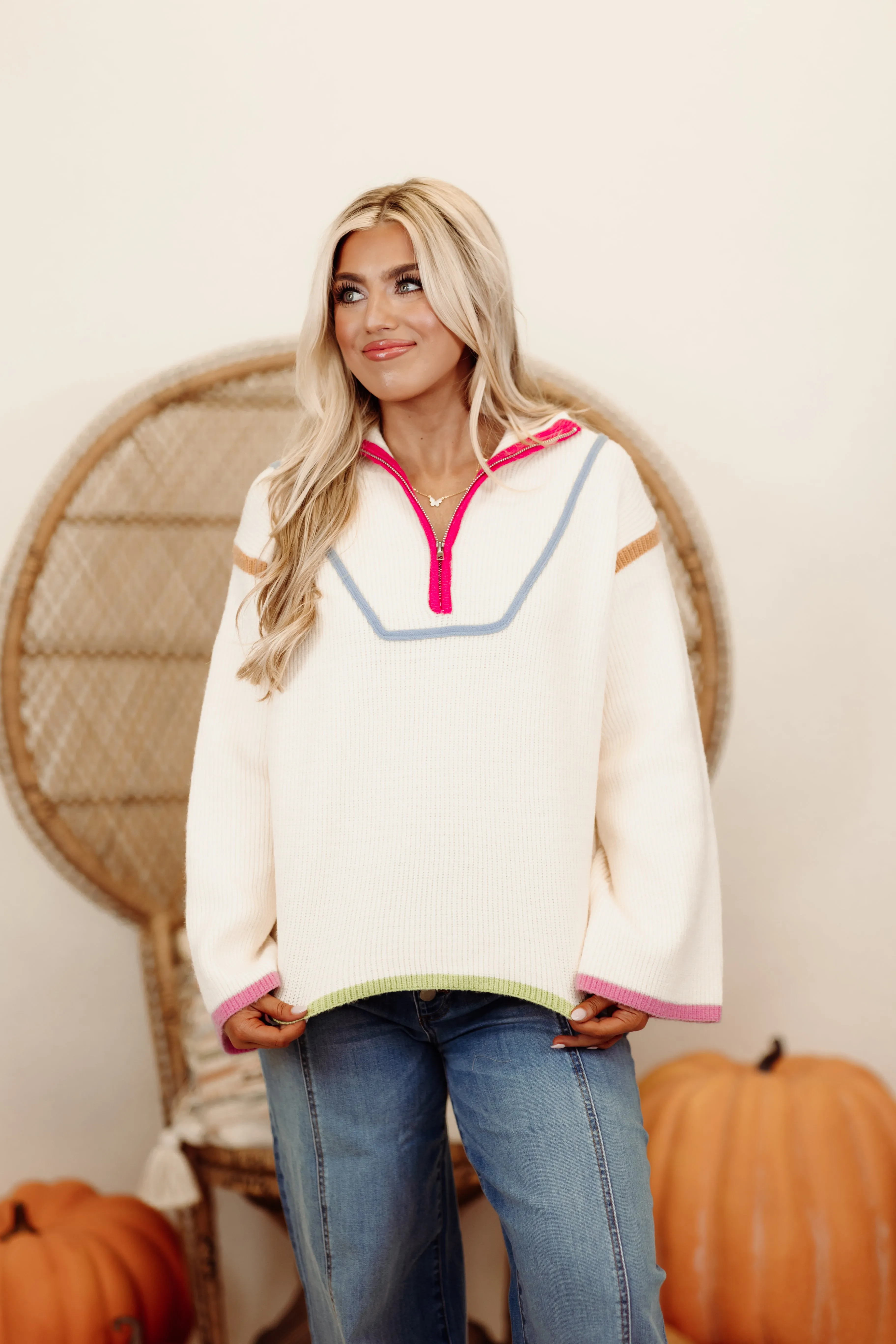 Ecru Contrast Multicolor Ribbed Long Sleeve Quarter Zip Sweater