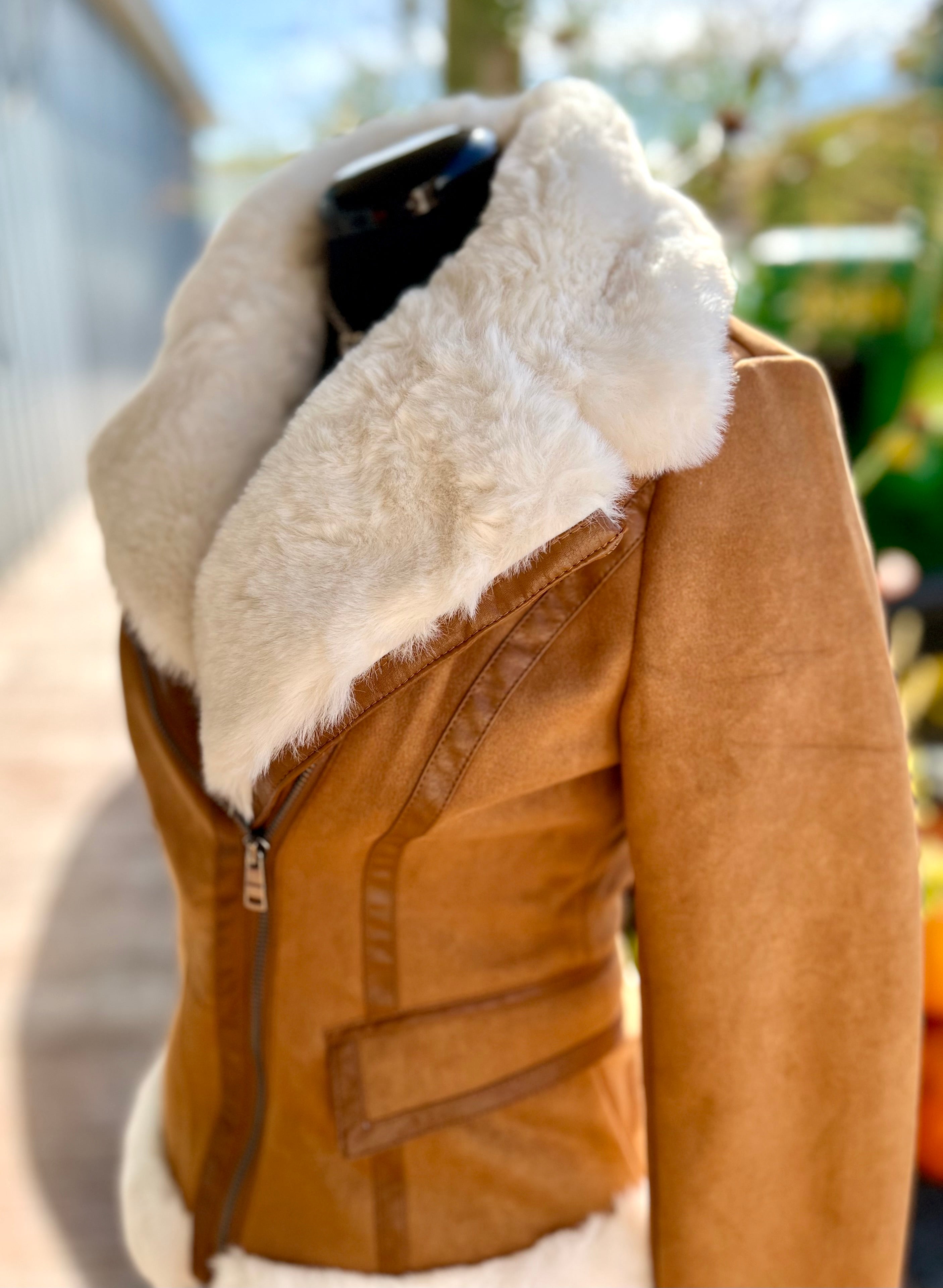 Faux Fur Camel Tan Suede Coat