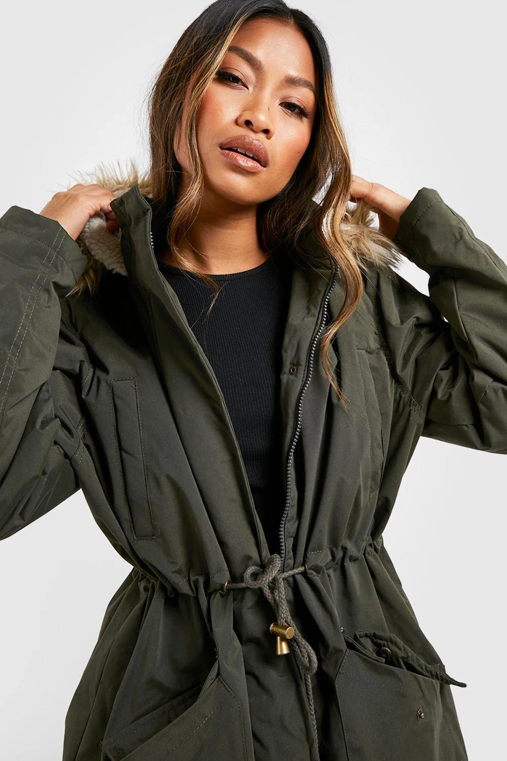 Faux Fur Trim Parka Coat