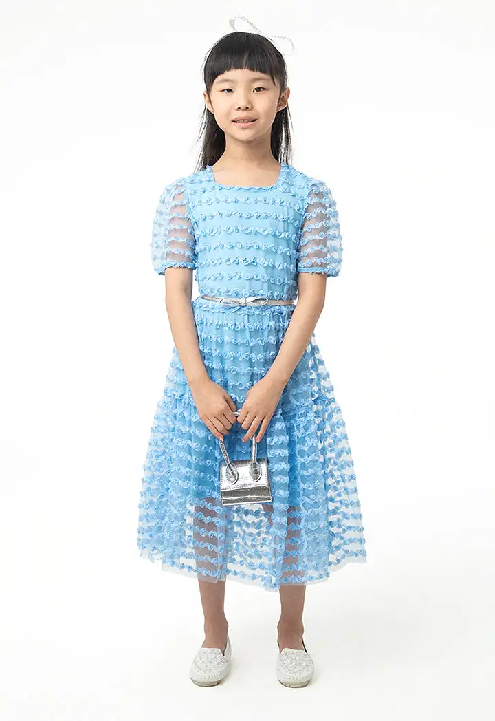 Flowers Puffy Organza Sleeves Dress With Belt