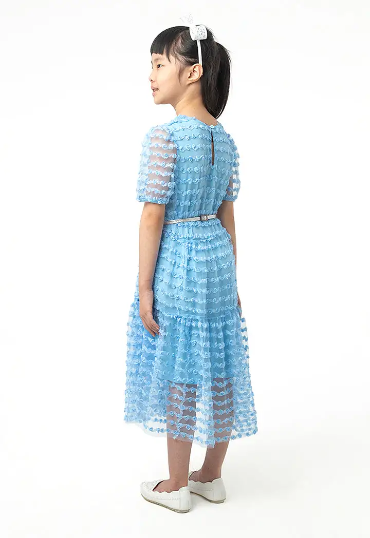 Flowers Puffy Organza Sleeves Dress With Belt