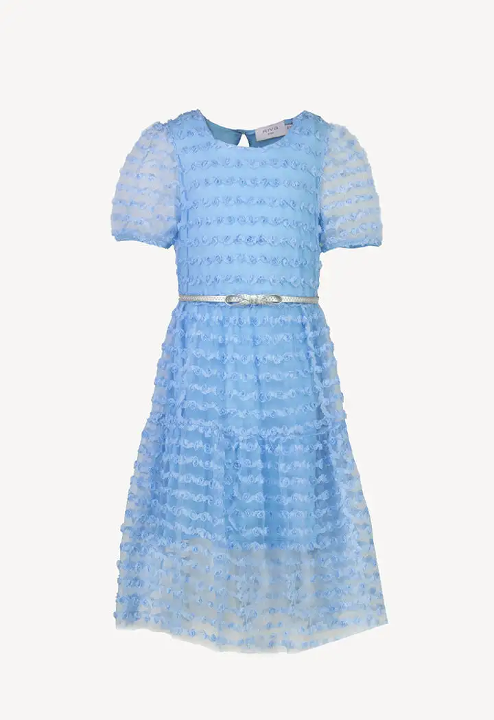 Flowers Puffy Organza Sleeves Dress With Belt