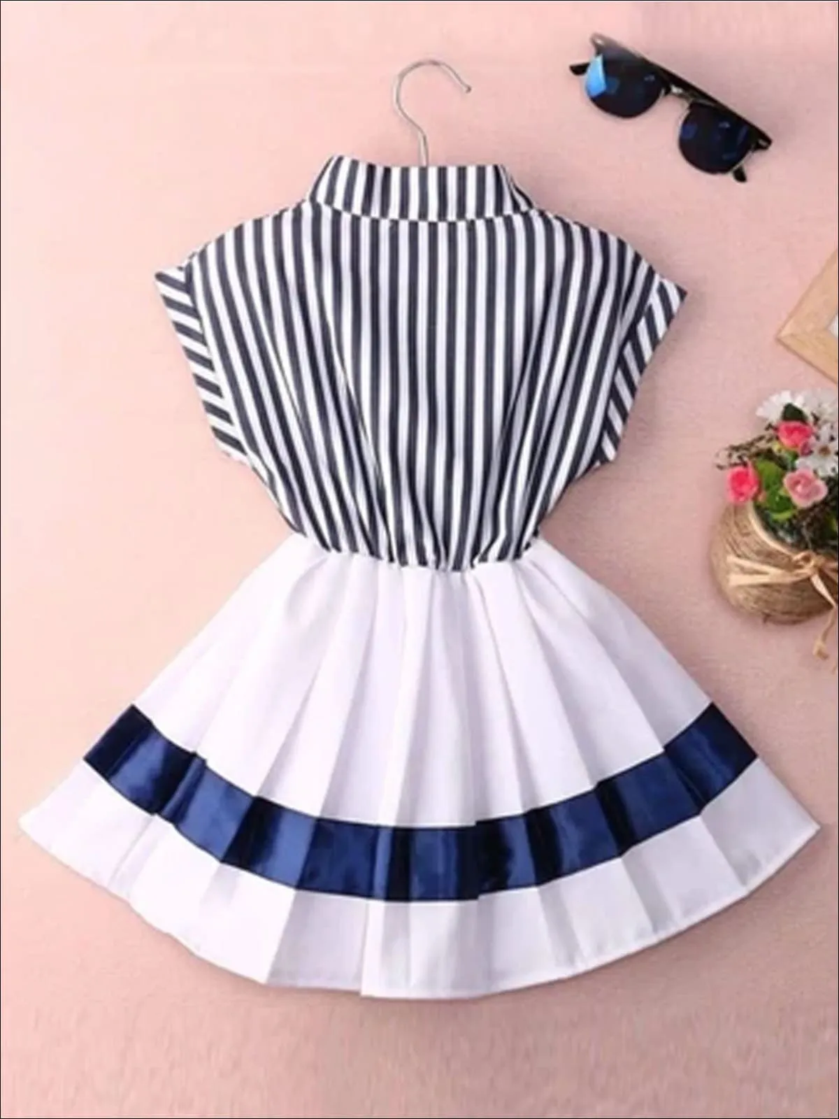 Girls Navy Nautical Striped Pleated Skirted Dress