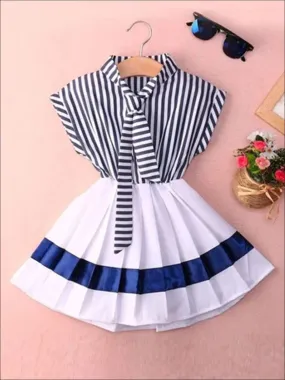 Girls Navy Nautical Striped Pleated Skirted Dress