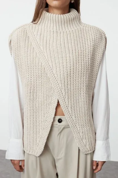 High Collar Slit Sweater