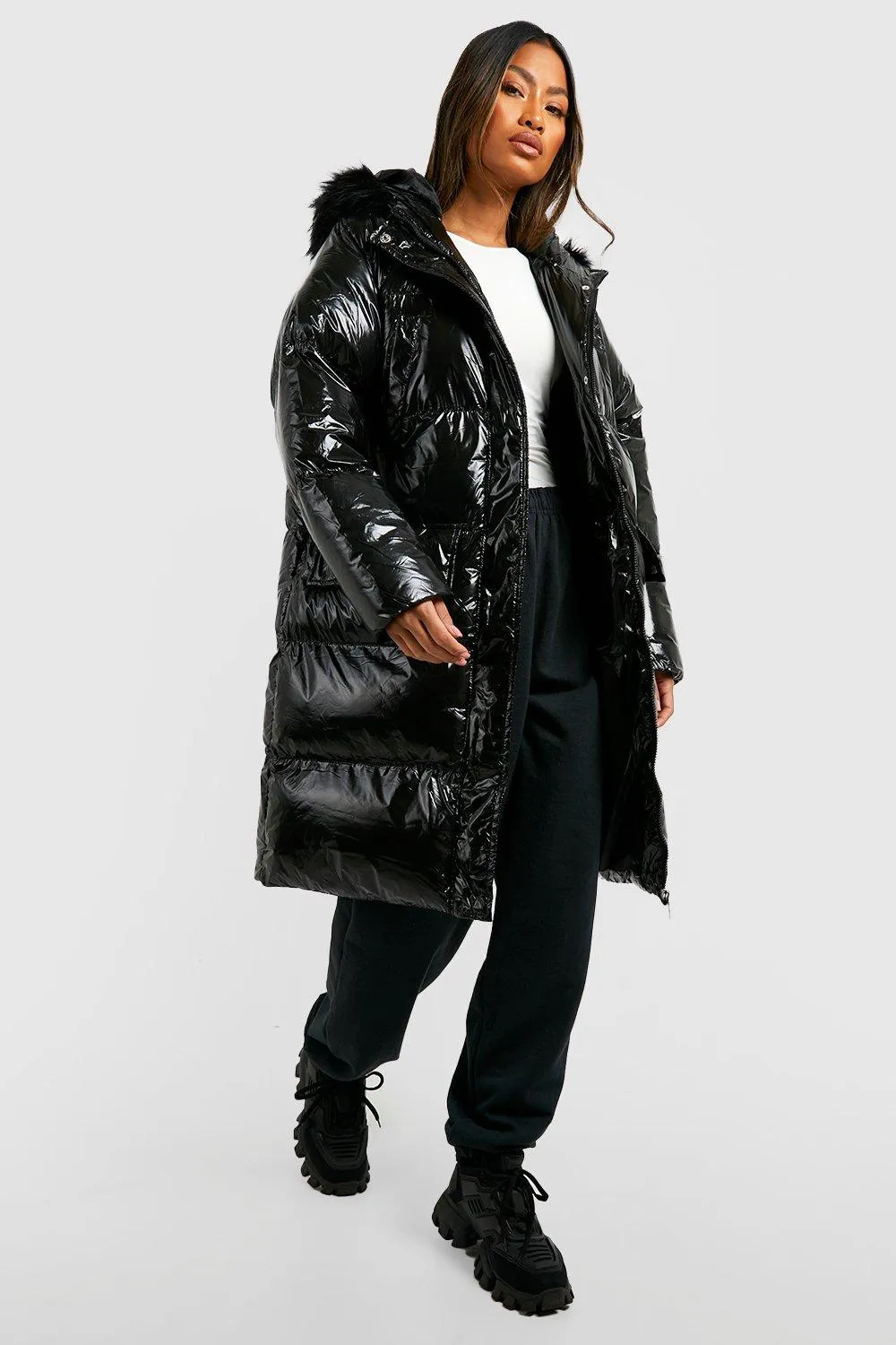 High Shine Faux Fur Trim Parka