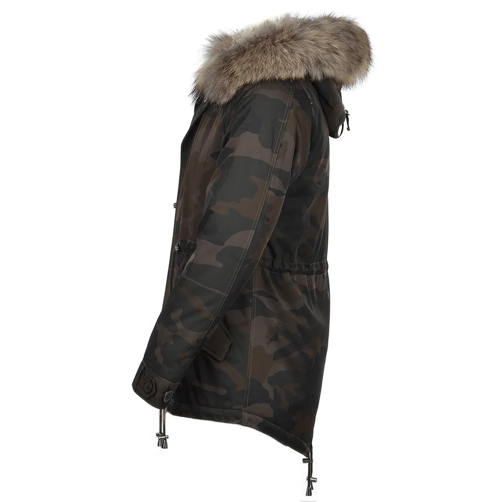 Hooded Raccoon Fur Camouflage Parka Khaki Green : Nemesis