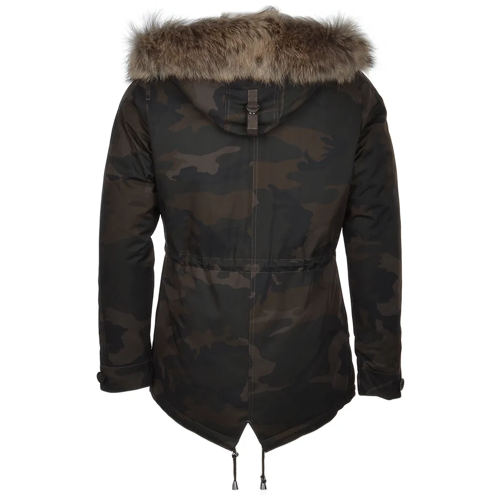 Hooded Raccoon Fur Camouflage Parka Khaki Green : Nemesis