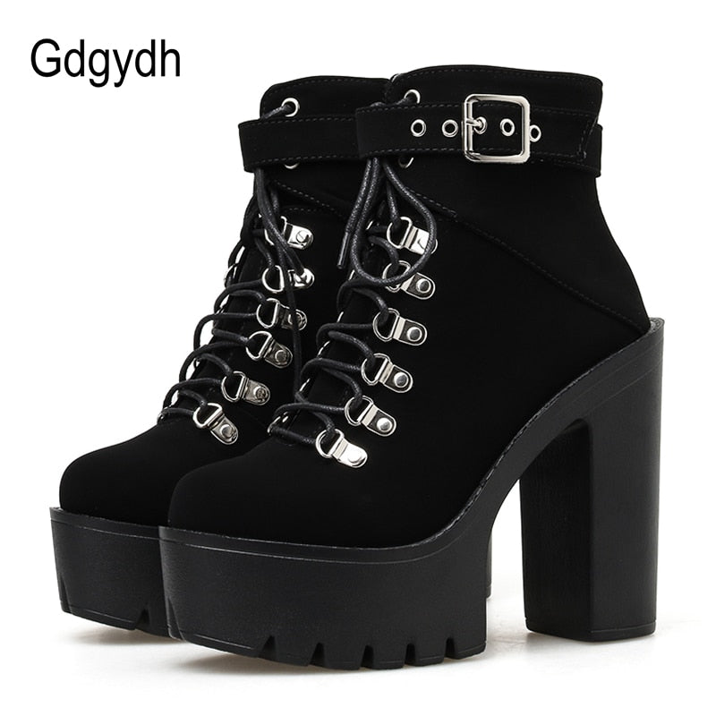 Lace Up Women Boots Platform Buckle Boot Winter Shoes Thick Heel Boots With Zipper Ankle Strap Black Suede Gothic