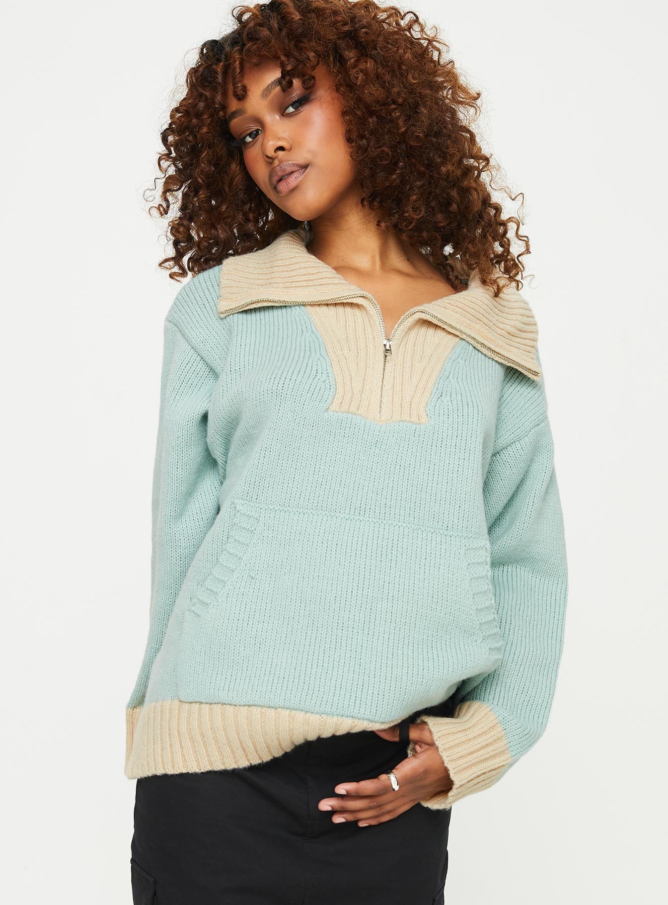 Leelie Quarter Zip Sweater Mint / Beige