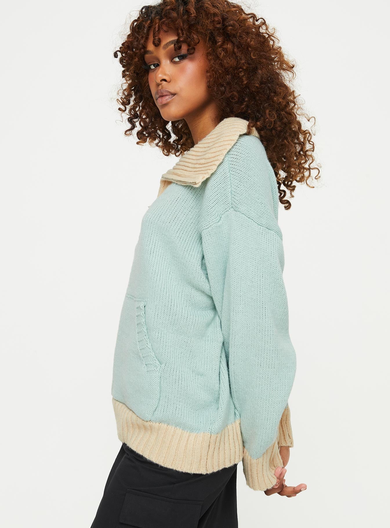 Leelie Quarter Zip Sweater Mint / Beige