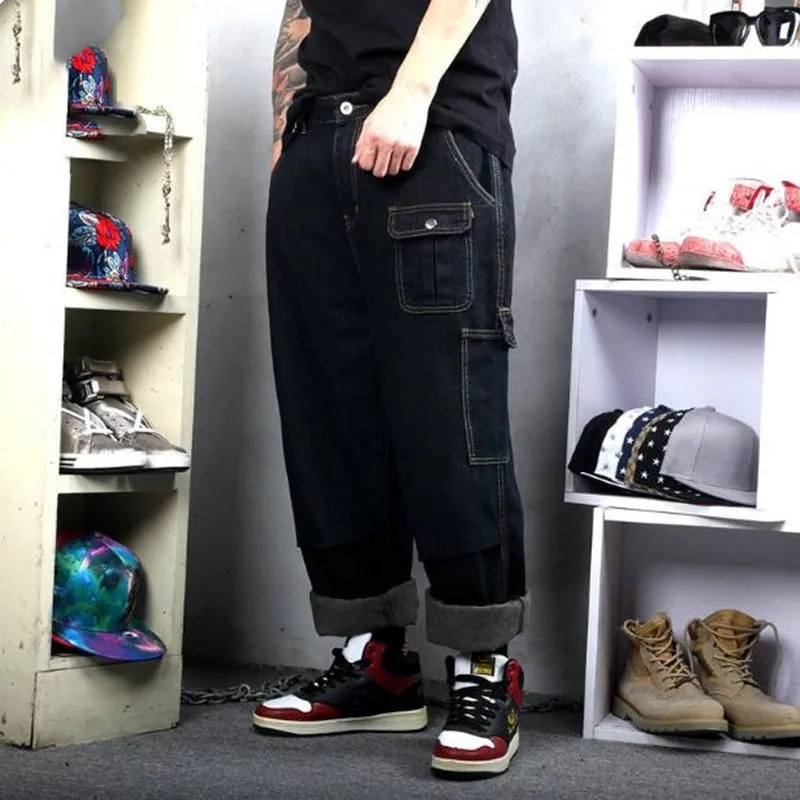 Men Hiphop Cargo Pants Straight Patchwork Fashion Plus Size Cowboy Trousers Streetwear Denim Pants