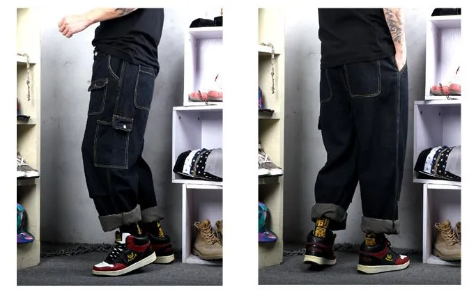 Men Hiphop Cargo Pants Straight Patchwork Fashion Plus Size Cowboy Trousers Streetwear Denim Pants