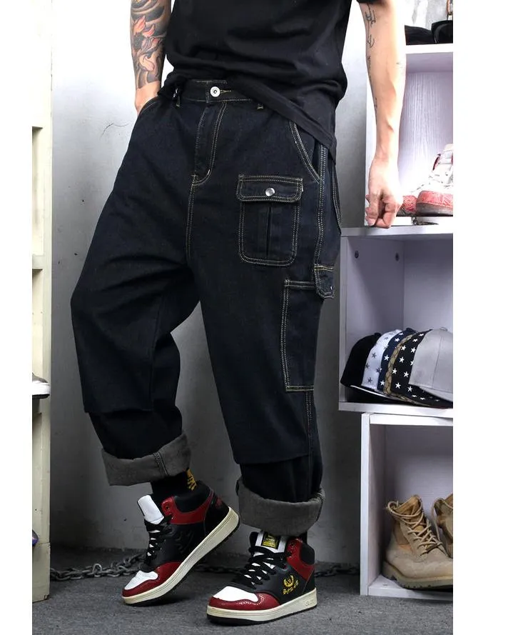 Men Hiphop Cargo Pants Straight Patchwork Fashion Plus Size Cowboy Trousers Streetwear Denim Pants