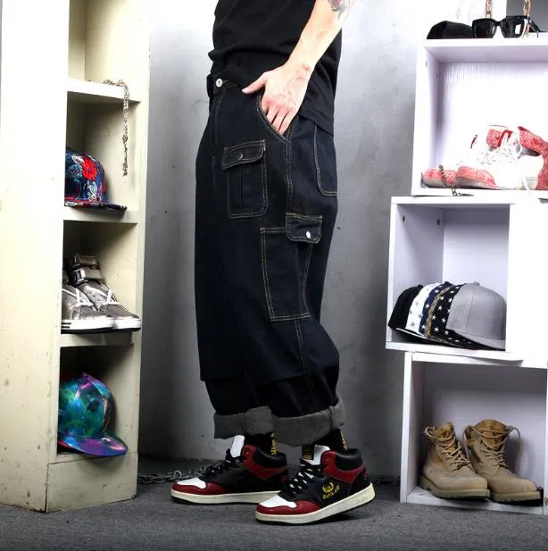 Men Hiphop Cargo Pants Straight Patchwork Fashion Plus Size Cowboy Trousers Streetwear Denim Pants