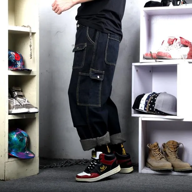 Men Hiphop Cargo Pants Straight Patchwork Fashion Plus Size Cowboy Trousers Streetwear Denim Pants