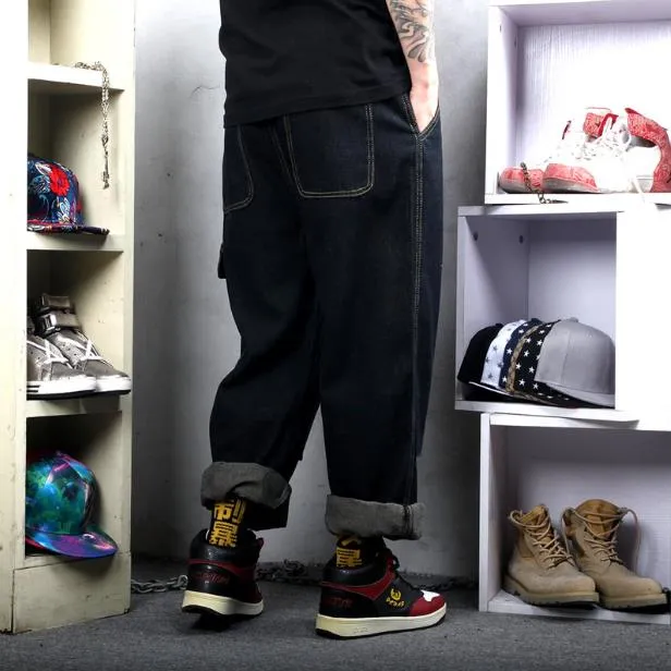 Men Hiphop Cargo Pants Straight Patchwork Fashion Plus Size Cowboy Trousers Streetwear Denim Pants