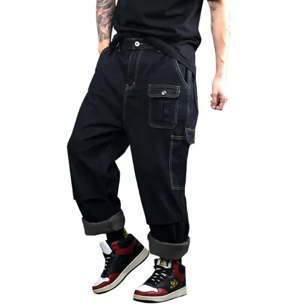 Men Hiphop Cargo Pants Straight Patchwork Fashion Plus Size Cowboy Trousers Streetwear Denim Pants