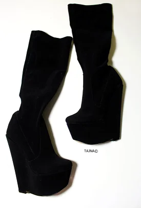 Mid Calf Black Strech Wedge Boots