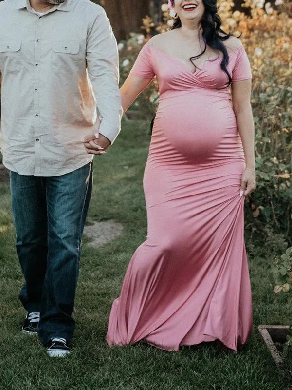 Momnfancy Pink Off Shoulder Long Train Gown Photoshoot Elegant Maternity Maxi Dress