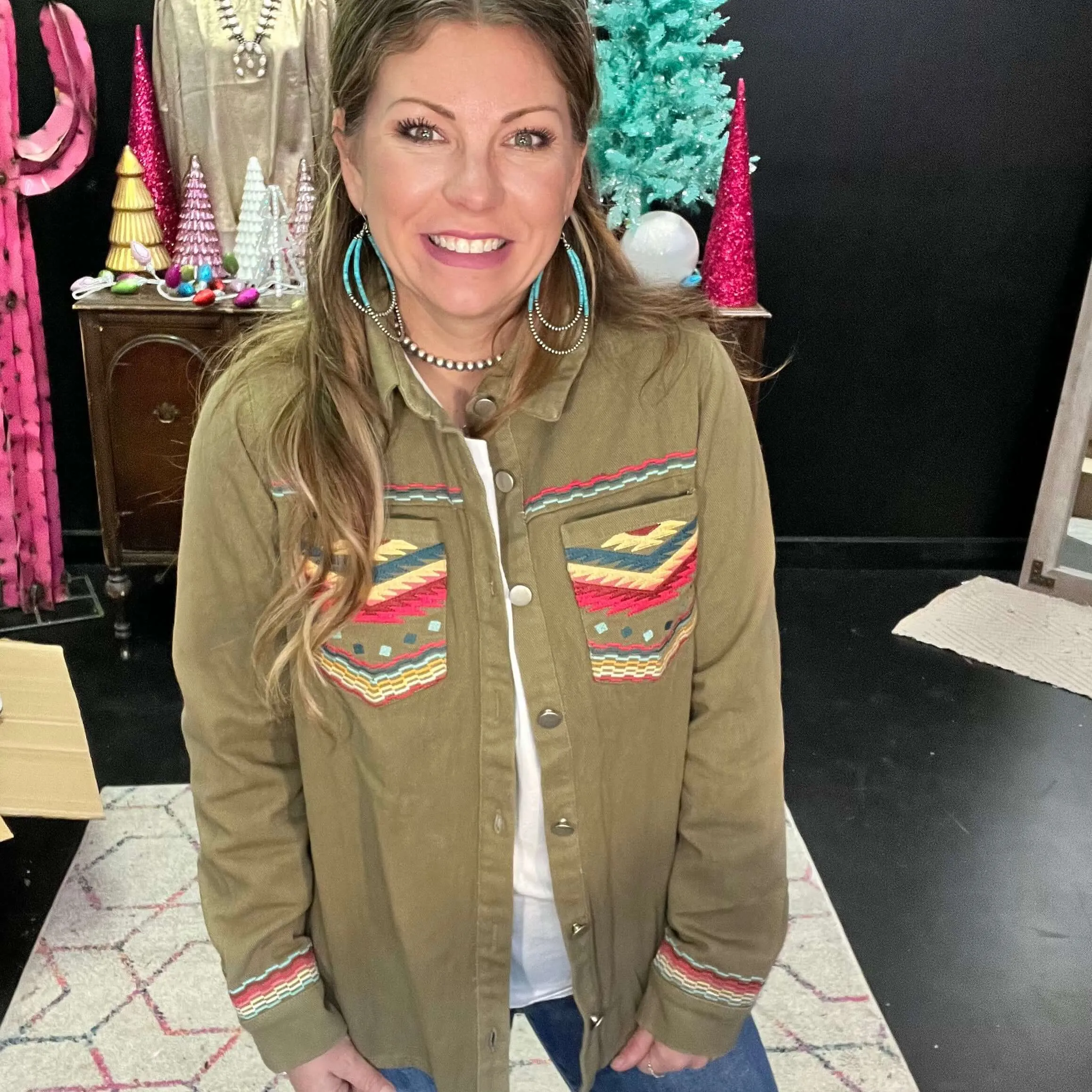 Olive Embroidered  Denim Jacket