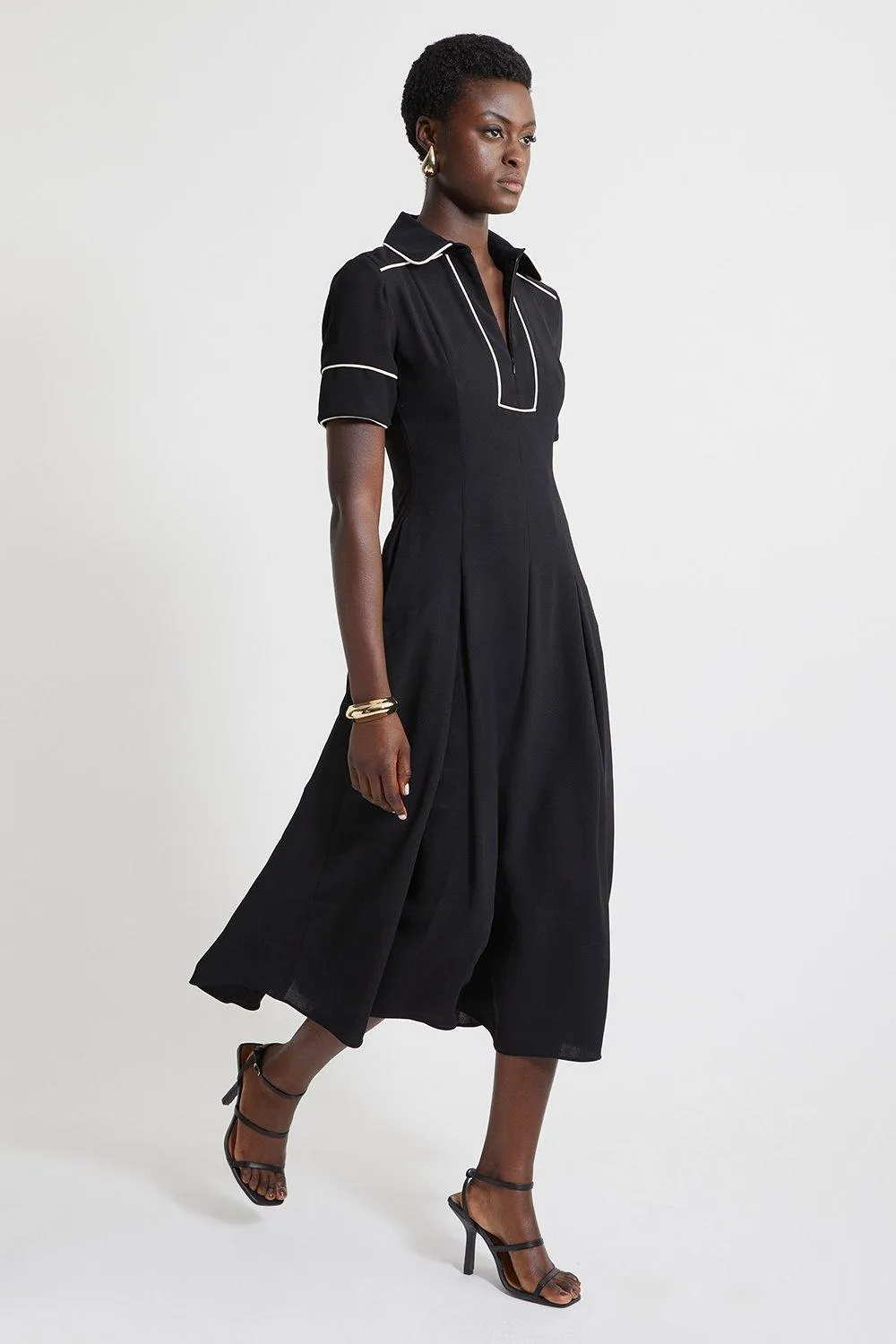 Petite Fluid Tailored Tipped Full Skirted Midi Dress | Karen Millen