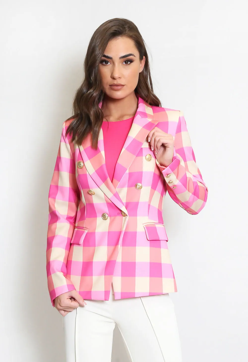 Pink Tartan Check Double Breasted Blazer