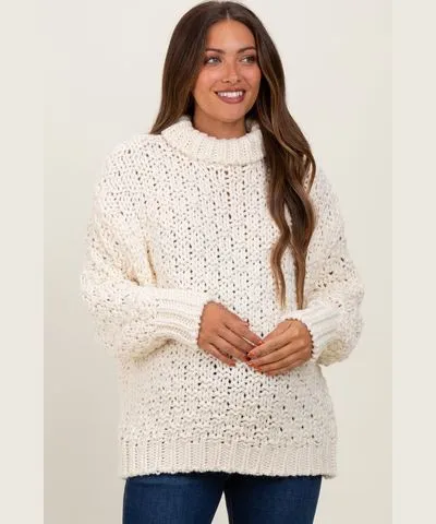 PinkBlush Cream Turtle Neck Chunky Crochet Knit Maternity Sweater