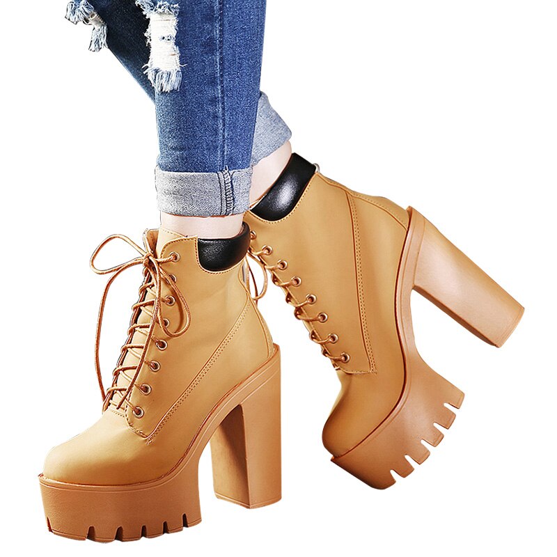 Platform Ankle Boots Women Lace Up Thick Heel Platform Boots Ladies Worker Boots